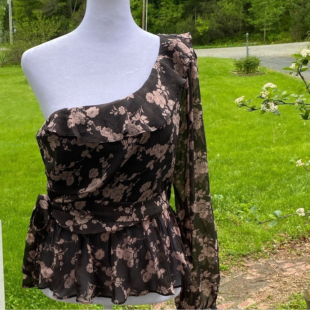 For Love & Lemons Theo One Shoulder Blouse Brown Pink Peplum Asymmetrical